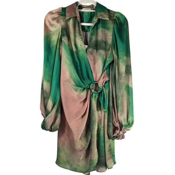 Bailey 44 Cosmic Watercolor Tie Front Mini Dress Green Pink Small - Picture 2 of 11